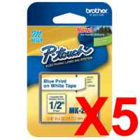 5 x Genuine Brother M-K233 12mm Blue on White Plastic M Tape 8 metres