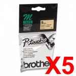 5 x Genuine Brother M-K621 9mm Black on Yellow Plastic M Tape 8 metres