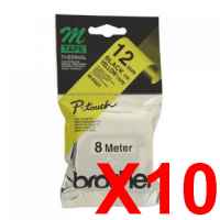 10 x Genuine Brother M-K631 12mm Black on Yellow Plastic M Tape 8 metres