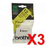 3 x Genuine Brother M-K631 12mm Black on Yellow Plastic M Tape 8 metres