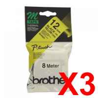 3 x Genuine Brother M-K631 12mm Black on Yellow Plastic M Tape 8 metres