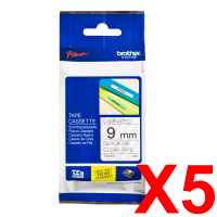 5 x Genuine Brother TZe-121 9mm Black on Clear Laminated Tape 8 metres
