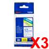 3 x Genuine Brother TZe-133 12mm Blue on Clear Laminated Tape 8 metres