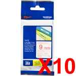 10 x Genuine Brother TZe-222 9mm Red on White Laminated Tape 8 metres