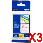 3 x Genuine Brother TZe-222 9mm Red on White Laminated Tape 8 metres