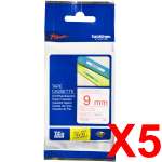 5 x Genuine Brother TZe-222 9mm Red on White Laminated Tape 8 metres
