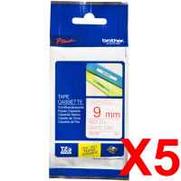 5 x Genuine Brother TZe-222 9mm Red on White Laminated Tape 8 metres