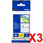 3 x Genuine Brother TZe-223 9mm Blue on White Laminated Tape 8 metres