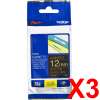 3 x Genuine Brother TZe-334 12mm Gold on Black Laminated Tape 8 metres