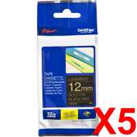 5 x Genuine Brother TZe-334 12mm Gold on Black Laminated Tape 8 metres