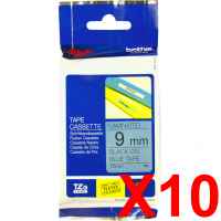 10 x Genuine Brother TZe-521 9mm Black on Blue Laminated Tape 8 metres