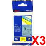 3 x Genuine Brother TZe-521 9mm Black on Blue Laminated Tape 8 metres