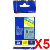 5 x Genuine Brother TZe-521 9mm Black on Blue Laminated Tape 8 metres