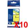10 x Genuine Brother TZe-611 6mm Black on Yellow Laminated Tape 8 metres