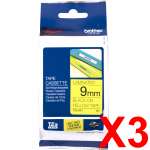 3 x Genuine Brother TZe-621 9mm Black on Yellow Laminated Tape 8 metres