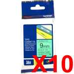 10 x Genuine Brother TZe-721 9mm Black on Green Laminated Tape 8 metres