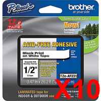 10 x Genuine Brother TZe-AF231 12mm Black on White Acid Free Laminated Tape 8 metres