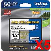 5 x Genuine Brother TZe-AF231 12mm Black on White Acid Free Laminated Tape 8 metres