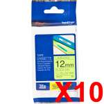 10 x Genuine Brother TZe-C31 12mm Black on Fluro Yellow Laminated Tape 5 metres