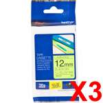 3 x Genuine Brother TZe-C31 12mm Black on Fluro Yellow Laminated Tape 5 metres