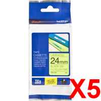 5 x Genuine Brother TZe-C51 24mm Black on Fluro Yellow Laminated Tape 5 metres