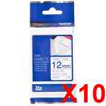 10 x Genuine Brother TZe-FA3 12mm Blue on White Fabric Non Laminated Tape 3 metres