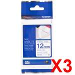 3 x Genuine Brother TZe-FA3 12mm Blue on White Fabric Non Laminated Tape 3 metres