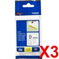 3 x Genuine Brother TZe-S221 9mm Black on White Strong Adhesive Laminated Tape 8 metres