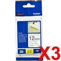 3 x Genuine Brother TZe-S231 12mm Black on White Strong Adhesive Laminated Tape 8 metres