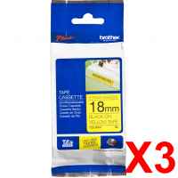 3 x Genuine Brother TZe-S641 18mm Black on Yellow Strong Adhesive Laminated Tape 8 metres