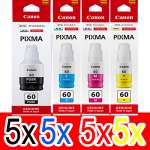 20 Pack Genuine Canon GI-60 GI60 Ink Bottle Set (5BK,5C,5M,5Y)