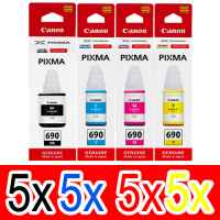 20 Pack Genuine Canon GI-690 GI690 Ink Bottle Set (5BK,5C,5M,5Y)