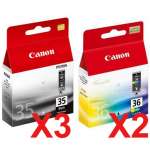 5 Pack Genuine Canon PGI-35BK CLI-36C Ink Cartridge Set (3BK,2C)