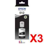 3 x Genuine Epson T512 Black Ink Bottle 