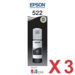 3 x Genuine Epson T522 Black Ink Bottle