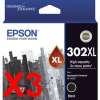 3 x Genuine Epson 302XL Black Ink Cartridge High Yield