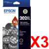 3 x Genuine Epson 202XL Black Ink Cartridge High Yield