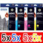 20 Pack Genuine Epson 604XL Ink Cartridge Set (5BK,5C,5M,5Y) High Yield