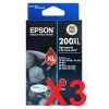 3 x Genuine Epson 200XL Black Ink Cartridge High Yield