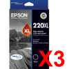 3 x Genuine Epson 220XL Black Ink Cartridge High Yield