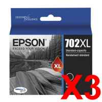 3 x Genuine Epson 702XL Black Ink Cartridge High Yield