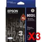 3 x Genuine Epson 802XL Black Ink Cartridge High Yield