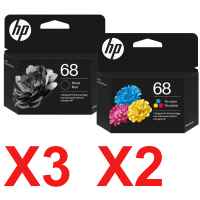 5 Pack Genuine HP 68 Black & Colour Ink Cartridge Set (3BK,2C) 7FP21TA 7FP20TA