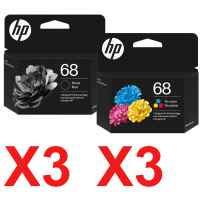 6 Pack Genuine HP 68 Black & Colour Ink Cartridge Set (3BK,3C) 7FP21TA 7FP20TA