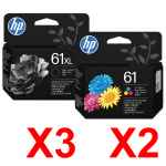 5 Pack Genuine HP 61XL Black & 61 Colour Ink Cartridge Set (3BK,2C) C0PA4AA C0PA5AA