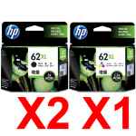 3 Pack Genuine HP 62XL Black & Colour Ink Cartridge Set (2BK,1C) C2P05AA C2P07AA