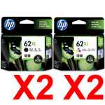 4 Pack Genuine HP 62XL Black & Colour Ink Cartridge Set (2BK,2C) C2P05AA C2P07AA