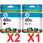 3 Pack Genuine HP 60XL Black & Colour Ink Cartridge Set (2BK,1C) CC641WA CC644WA