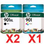 3 Pack Genuine HP 901XL Black & 901 Colour Ink Cartridge Set (2BK,1C) CC654AA CC656AA