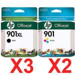 5 Pack Genuine HP 901XL Black & 901 Colour Ink Cartridge Set (3BK,2C) CC654AA CC656AA